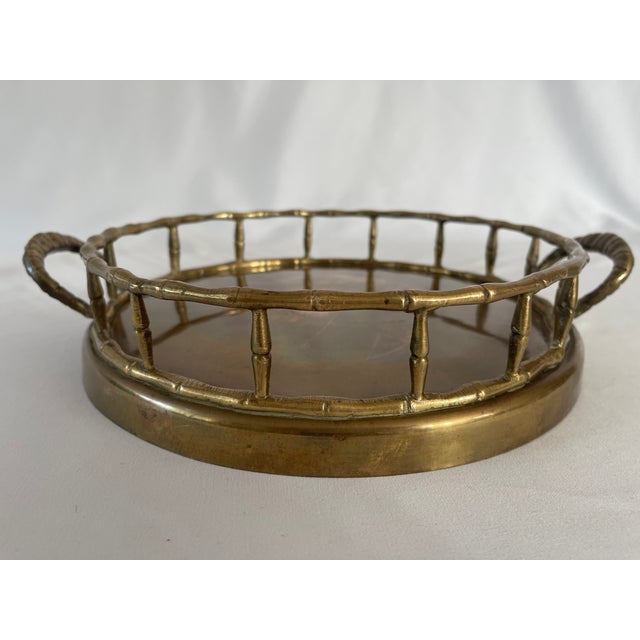 Hollywood Regency 1970s Hollywood Regency Brass Faux Bamboo Rail Round Serving Tray For Sale - Image 3 of 10