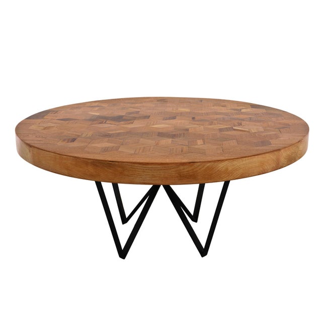 Maurits Round Marquetry Table in Reclaimed Oak with Black Metal Legs by Fred&Juul For Sale - Image 6 of 6