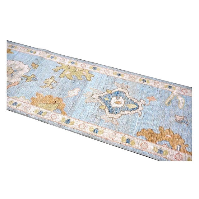 21st Century Turkish Oushak Wool 2x9 Gold, Light Blue & Ivory Handmade Runner Rug #1144117 For Sale - Image 4 of 10