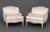 Pair of Louis XV Style White Fabric Upholstered Cerused Wood Bergeres, with Interior Crafts labels beneath cushions....