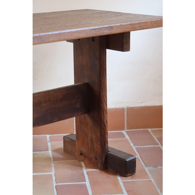 1950s Oak Side Table with Pegged Trestle Base, France, 1950s For Sale - Image 5 of 12