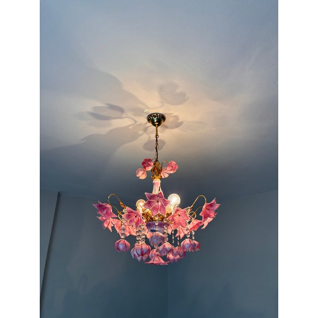 Vintage Murano Style Large Chandelier, Pink Floral Chandelier, Bouquet Style Ceiling Light, 4-Light Flush Mount For Sale - Image 11 of 16