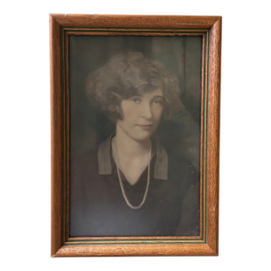 Vintage 1920s Hand-Tinted Female Portrait Photograph in Original Oak Frame