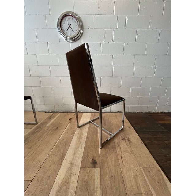 Metal Set of 4 Modern Chrome Dining Chairs in Brown Ultrasuede, Milo Baughman Style For Sale - Image 7 of 8