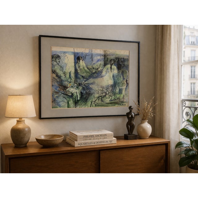 Signed and dated watercolor A stunning watercolor by Philippe Ancellin (1922–2010), titled "Nude in the Studio," created...