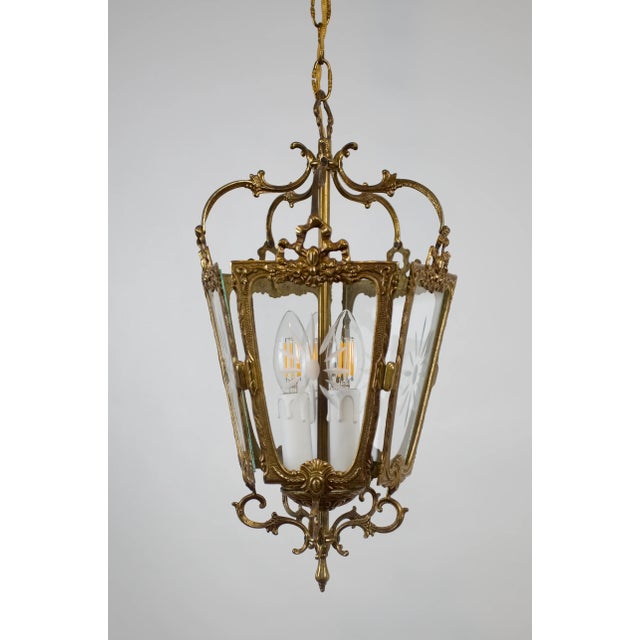 Brass Hanging Lantern with Three Lights and Cut Glass For Sale - Image 3 of 10