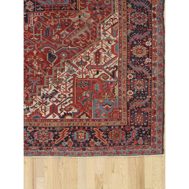 Antique Persian Heriz Carpet Handmade Wool Oriental Rug, Rusty/Red Field, Navy For Sale - Image 14 of 18