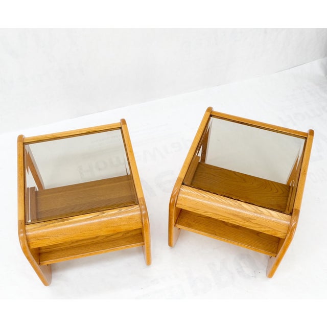 Transparent Pair of Mid-Century Solid Oak Smoked Glass Top End Side Tables W Shelves Mint! For Sale - Image 8 of 18