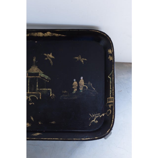 Chinoiserie Ebonized Chinoiserie Coffee Table With Hand Painted Tole Top For Sale - Image 3 of 9