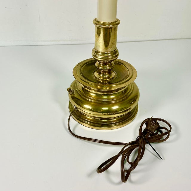Mid-Century French Regency Neoclassical Candlestick Table Lamp & Reptile Embossed Black Shade For Sale - Image 11 of 13