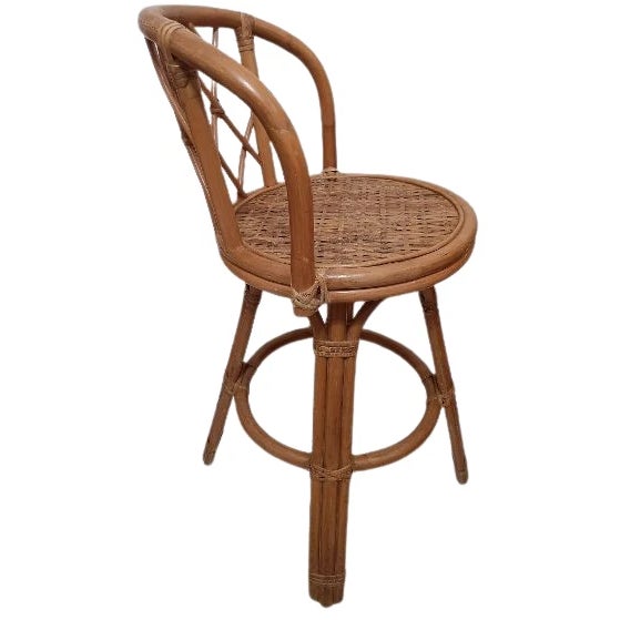 1980s Bamboo Wicker Rattan Swivel Barstool Honey Color Set of 3 For Sale In Naples, FL - Image 6 of 7