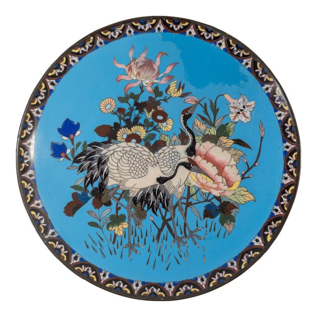 19th Century Japanese Restored Cloisonne Enamel Charger Plate With Cranes For Sale