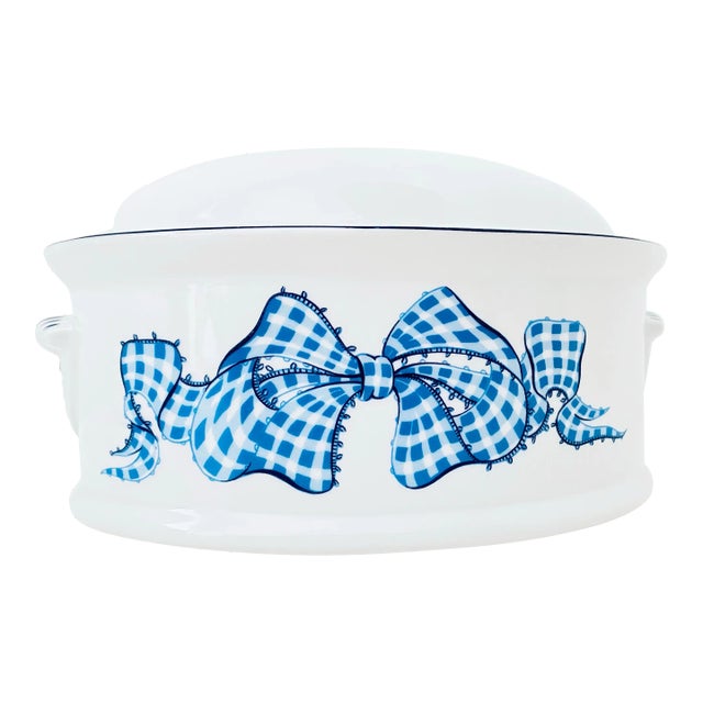 Vintage Blue Gingham by Howard Kaplan Philippe Deshoulieres French Country Casserole Dish For Sale