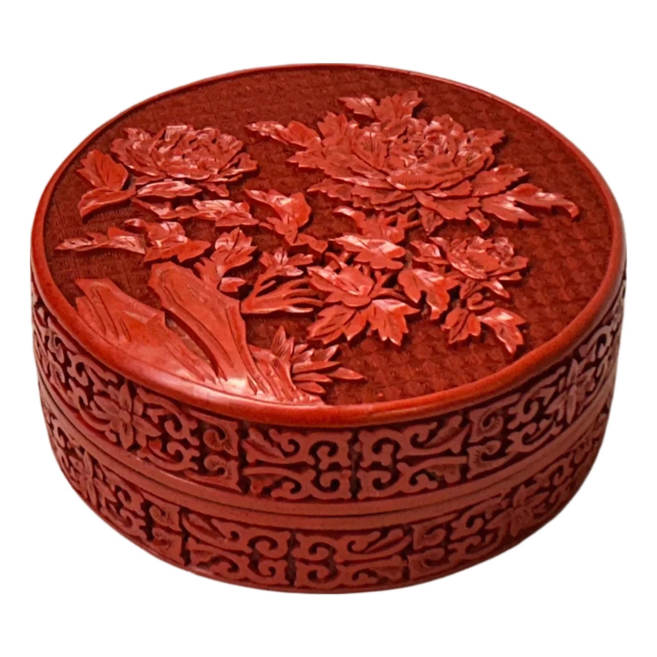 Handcrafted Vintage Chinese Red Lacquer Round Floral Accent Box | Chairish