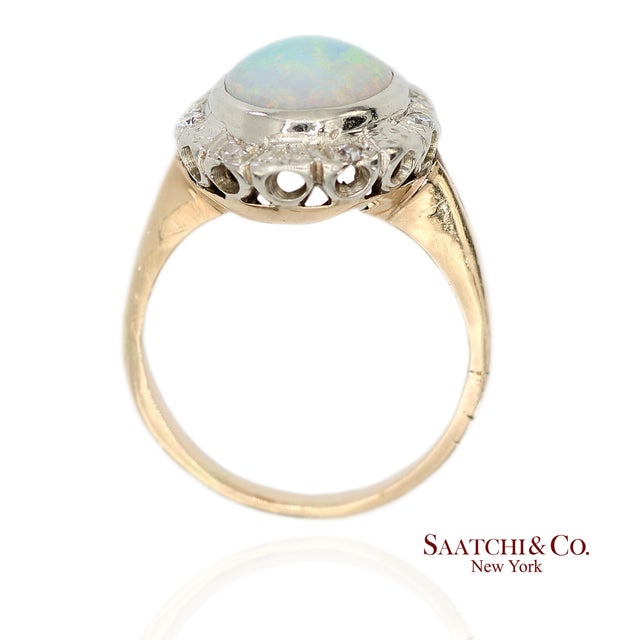 Metal 13k White and Yellow Gold Vintage Natural Diamond and Natural Opal Ring For Sale - Image 7 of 12