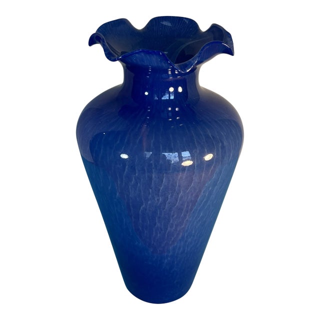 Murano Blue Ruffled Art Glass Vase For Sale