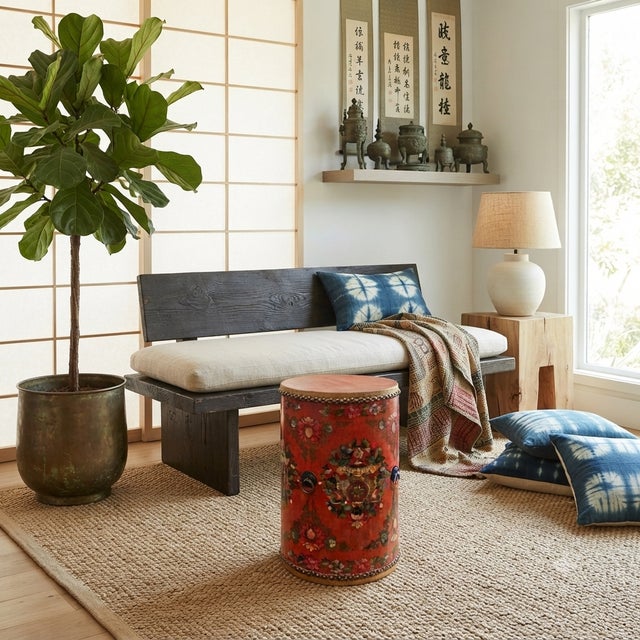 Wood Distressed Orange Tibetan Style Jewel Tower Graphic Round Drum Table For Sale - Image 7 of 8