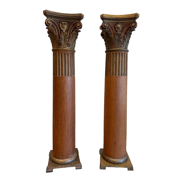 Pair of Antique Hand Carved Gilt Oak Corinthian Columns/Pedestals For Sale