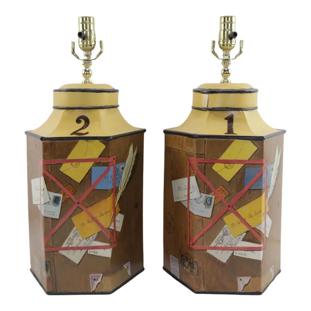 A Pair of Vintage English Trompe l'Oeil Style Decorative Yellow Tea Can Table Lamps For Sale