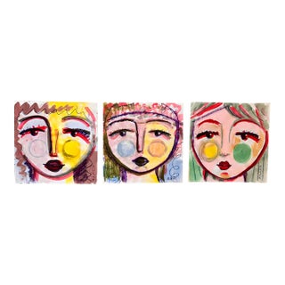 Contemporary Paintings by CL Auker, Mixed Media Colorful Face Triptych on Paper For Sale