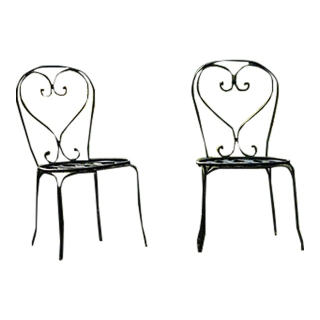 Set of Two French Wrought Iron Garden Chairs Circa 1960s W/ Heart Backs For Sale