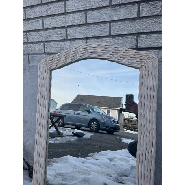 White Woven Rattan Wall Mirror Rustic Coastal Farmhouse Decor For Sale - Image 9 of 14