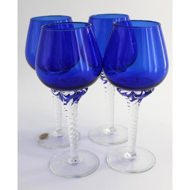 Vintage Italian Empoli Cobalt Blue Wine Goblets Glasses, Hand Blown - Set of 4 For Sale - Image 4 of 5