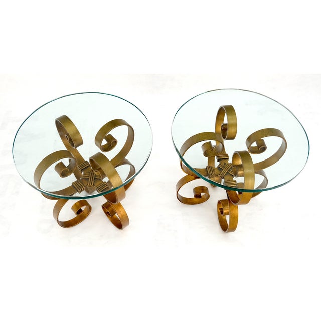 Late 20th Century Pair Italian Think 3/4" Glass Top Gold Gilt Scrolls Shape Bases End Tables Stand For Sale - Image 5 of 12