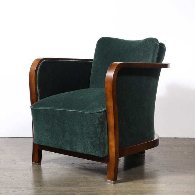 Art Deco Pair of Art Deco Walnut Armchairs in Eucalyptus Mohair Velvet W/ Nickel Sabots For Sale - Image 3 of 18