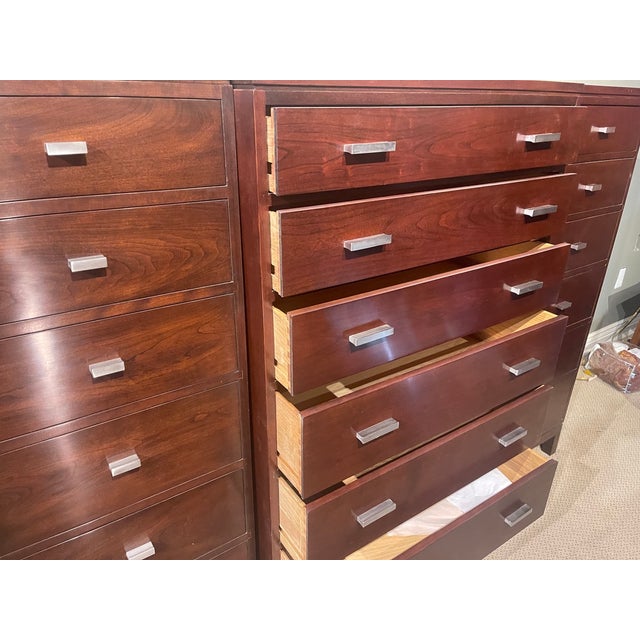 Stickley Metropolitan Chest of Drawers With Two Side Chests Featuring Chrome Pulls. The Two Side Chests Are Recessed From the Main Chest of Drawers. For Sale - Image 10 of 11