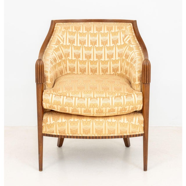 Art Deco Style Walnut Club Chair, with floral upholstered back and cushion. 32.25" H x 22.5" W x 25" D; seat: 19.5" H....