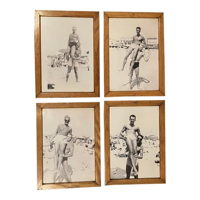 1930’s-4 Art Deco “Male Beach Play” Photo Copies Vintage Oak Wood Frames-Set of 4 For Sale