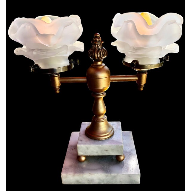 1950s Art Nouveau Style Double Arm Table Lamp With Frosted Floral Shaped Art Glass Shades For Sale - Image 15 of 15