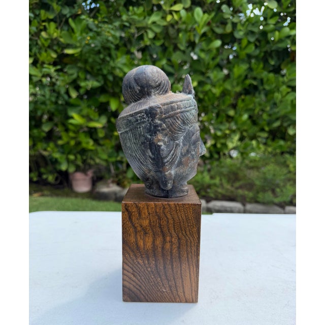 Brown Vintage Asian Bronze Buddha Head on Wood Pedestal For Sale - Image 8 of 12