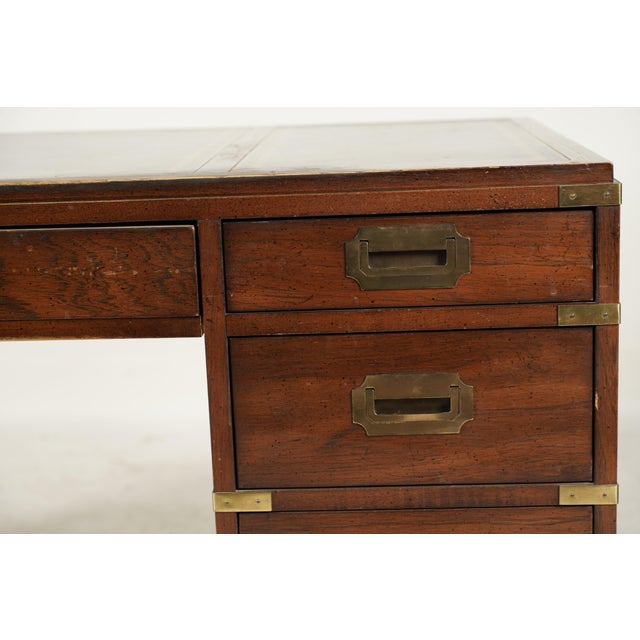 Sligh-Lowry Furniture Co. Vintage Sligh Campaign Pedestal Desk With Inlay Leather Top For Sale - Image 4 of 9