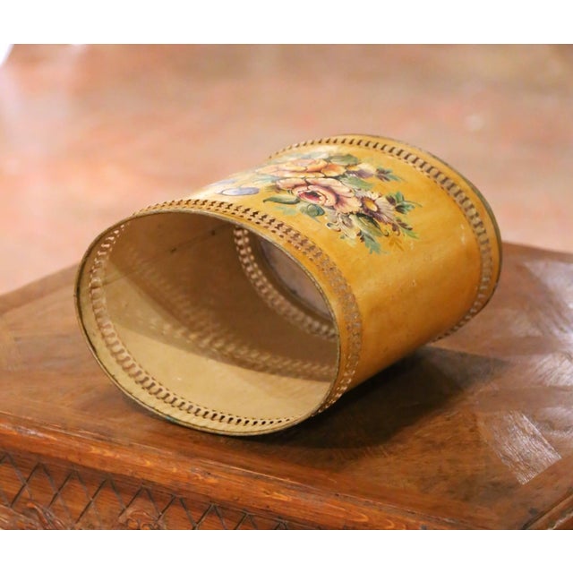 Mid-Century French Hand-Painted Floral Tole Waste Basket For Sale - Image 11 of 12
