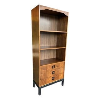 1970s Mid Century Walnut and Black Lacquer Bookcase by Dixie For Sale