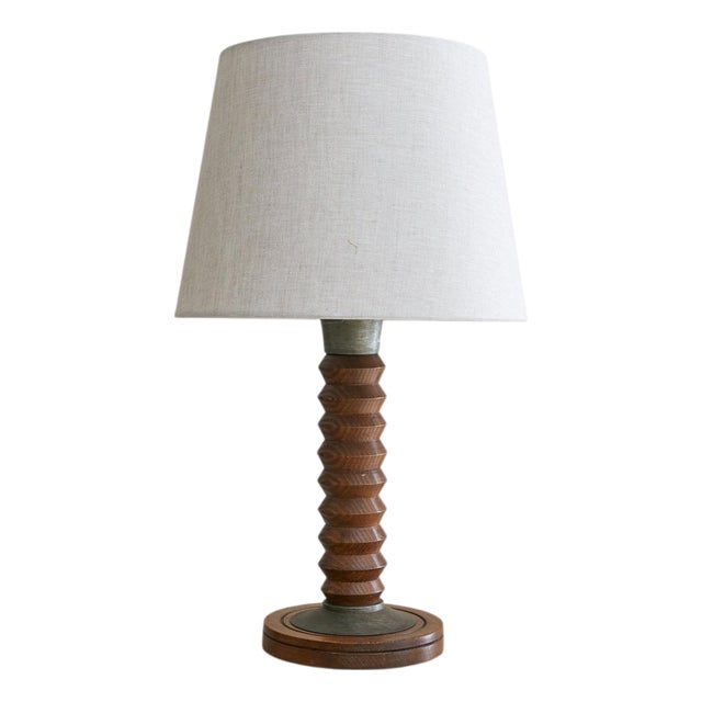 French Wood + Metal Table Lamp Attributed to Charles Dudouyt, 1950s For Sale