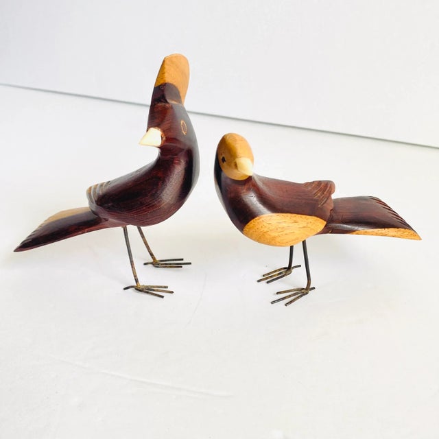 Mid Century Hand Carved Birds in Palo Fierro Wood a Pair A charming pair of vintage carved birds made from Palo Fierro...