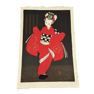 C1950 Modernist Japanese Woodblock Print "Red Kimono" by Kaoru Kawano
