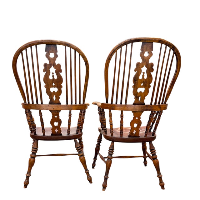 Wood Early 20th C Windsor Chair Pair Set of Two Elm Wood England Arms Antique Vintage For Sale - Image 7 of 18