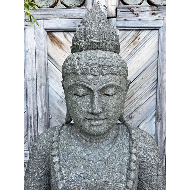 Late 20th Century Vintage Stone Sitting Garden Buddha Statue For Sale - Image 5 of 8