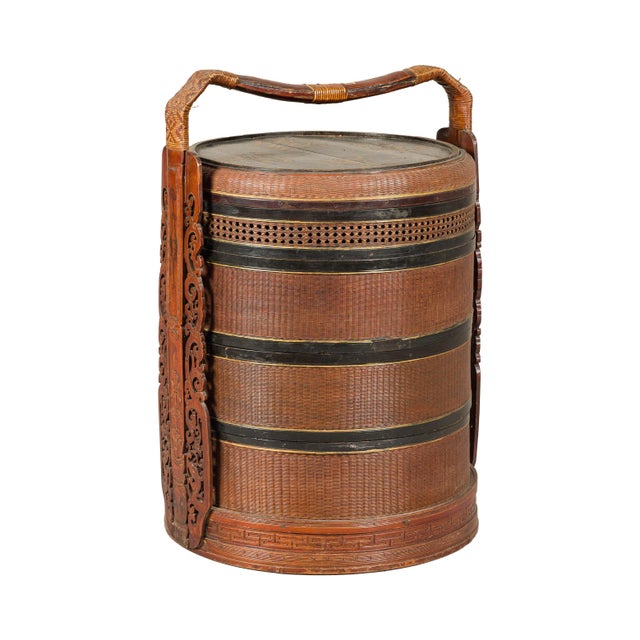Vintage Chinese Rattan Wedding Basket with Carved Handle and Nested Containers For Sale - Image 10 of 18