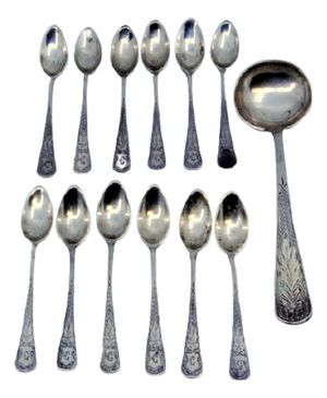 Guilloche Silver Coffee Spoons and Sugar Shovel, Set of 12