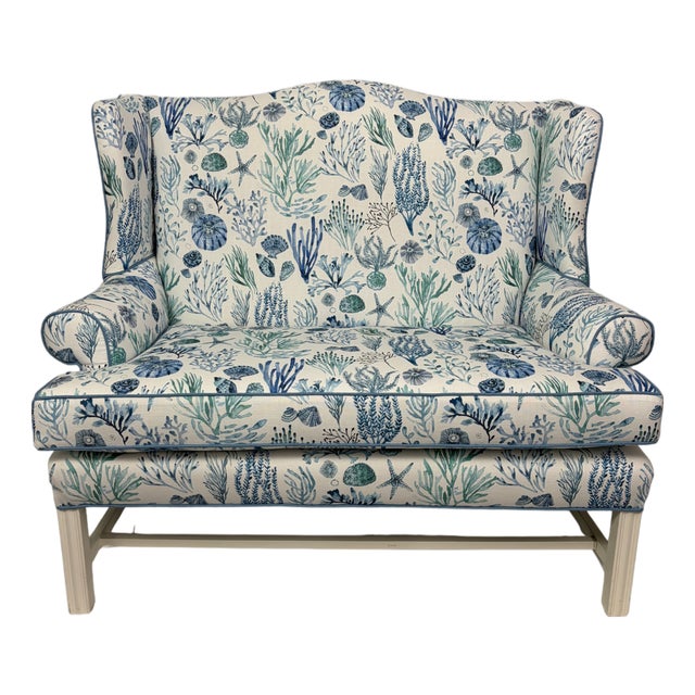 Upholstered Loveseat in Coastal Coral Print For Sale