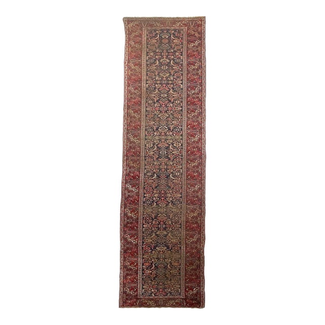 1920's Antique Halvai Bidjar Boteh Border With Lime Green Runner Rug 3.6 X 17.7 For Sale