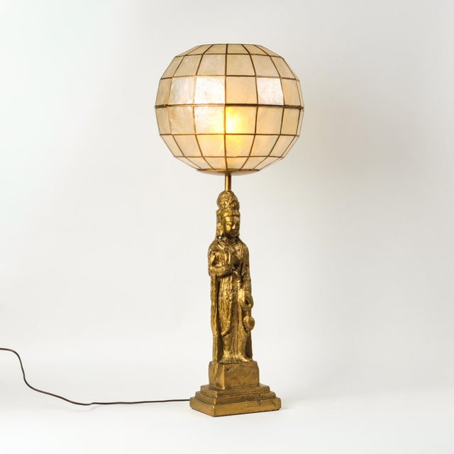 Gold Vintage Statement Table Lamp Featuring Gold Guan Yin Figure and Capiz Shell Globe Shade For Sale - Image 8 of 17