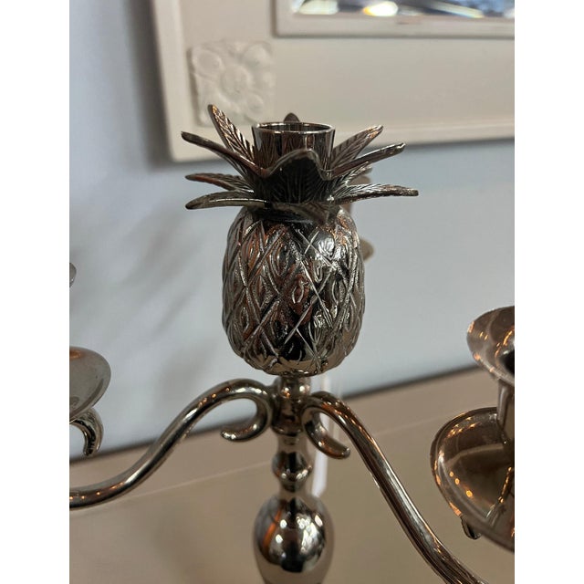 Contemporary Vintage Silver Pewter Pineapple Candelabra For Sale - Image 3 of 5