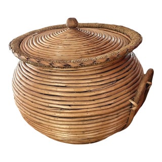 Vintage Pencil Reed Coiled Low Lid Basket For Sale