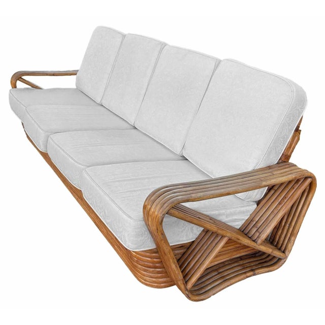 Mid-Century Modern 1940s Restored Paul Frankl Inspired 5-Strand Square Pretzel 4-Seat Sectional Rattan Sofa For Sale - Image 3 of 5